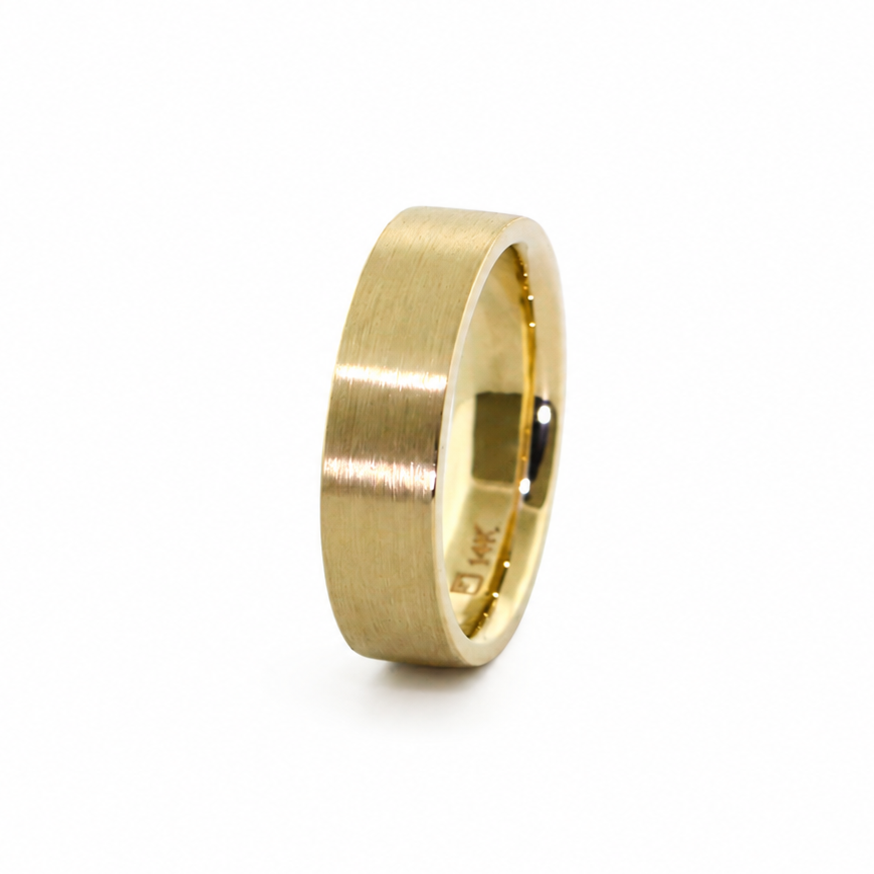 Shannahan flat rectangular band with brushed exterior finish and polished comfort fit interior.