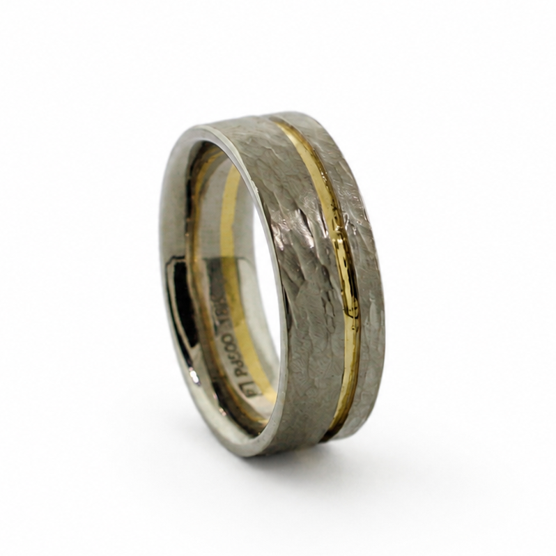 Mize Band in Palladium 500 with an off-center yellow gold stripe, hammered rustic texture, and comfort fit interior.
