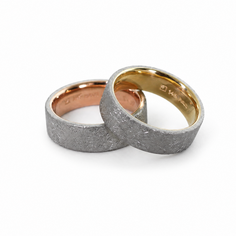Duke two-tone band with Palladium 500 rustic exterior, 14k rose or yellow gold inner sleeve, and polished comfort fit interior.