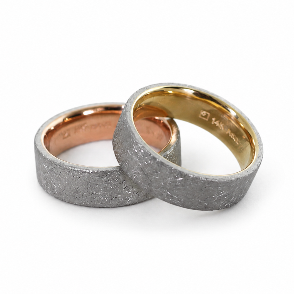 Duke two-tone band with Palladium 500 rustic exterior, 14k rose or yellow gold inner sleeve, and polished comfort fit interior.