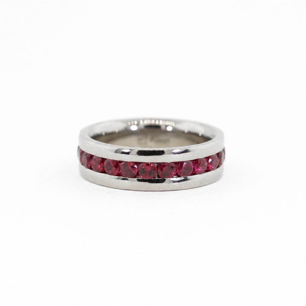 Emerson men’s Palladium 500 band with pigeon blood rubies, mirror finish, and comfort fit interior.