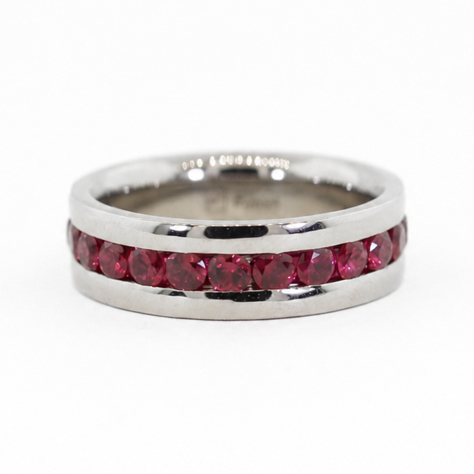 Emerson men’s Palladium 500 band with pigeon blood rubies, mirror finish, and comfort fit interior.