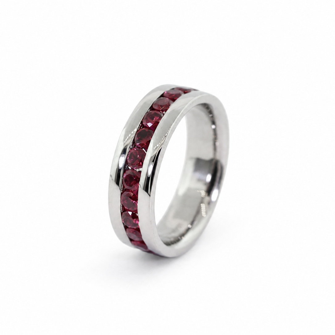 Emerson men’s Palladium 500 band with pigeon blood rubies, mirror finish, and comfort fit interior.