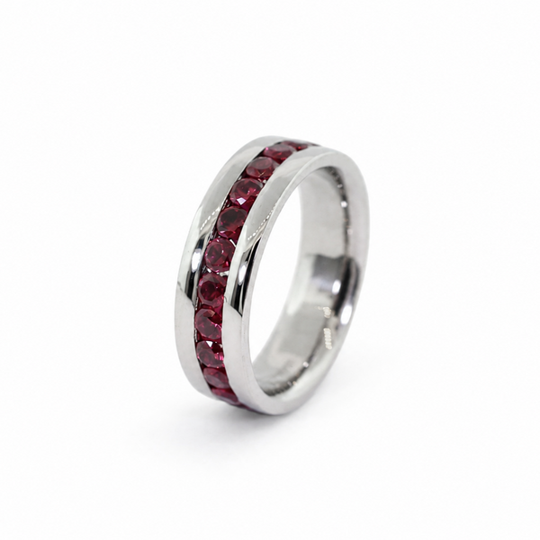 Emerson men’s Palladium 500 band with pigeon blood rubies, mirror finish, and comfort fit interior.