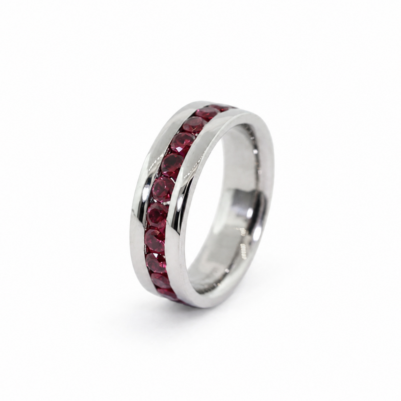 Emerson men’s Palladium 500 band with pigeon blood rubies, mirror finish, and comfort fit interior.