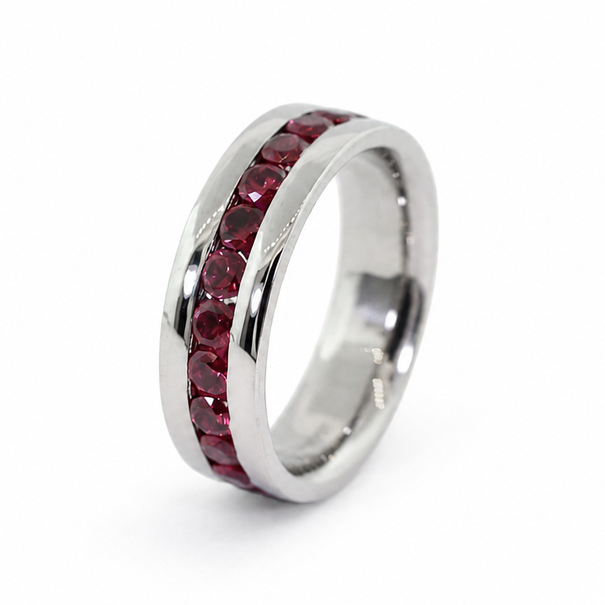 Emerson men’s Palladium 500 band with pigeon blood rubies, mirror finish, and comfort fit interior.