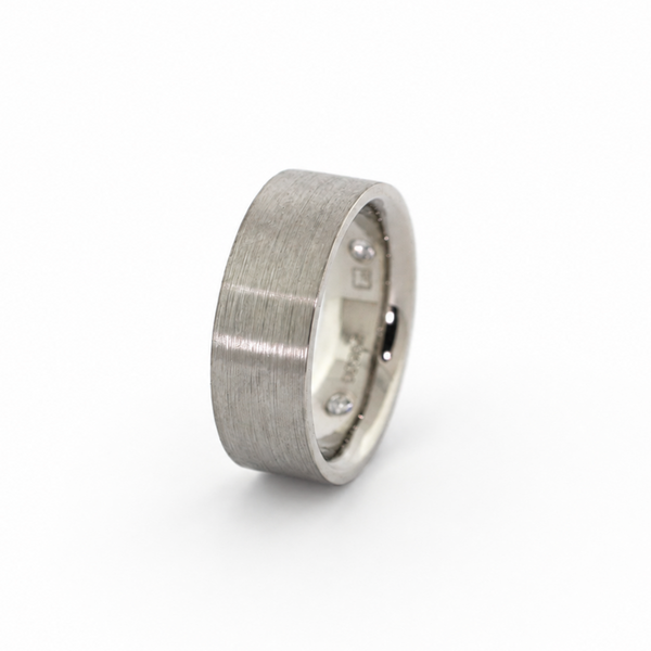 Shannahan flat rectangular band with brushed exterior finish and polished comfort fit interior.