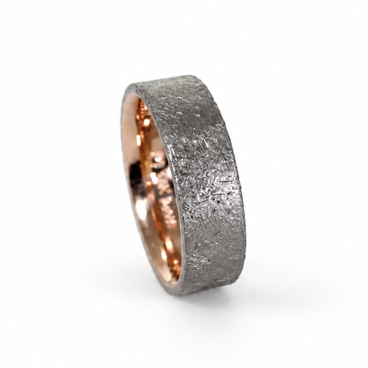 Duke two-tone band with Palladium 500 rustic exterior, 14k rose or yellow gold inner sleeve, and polished comfort fit interior.