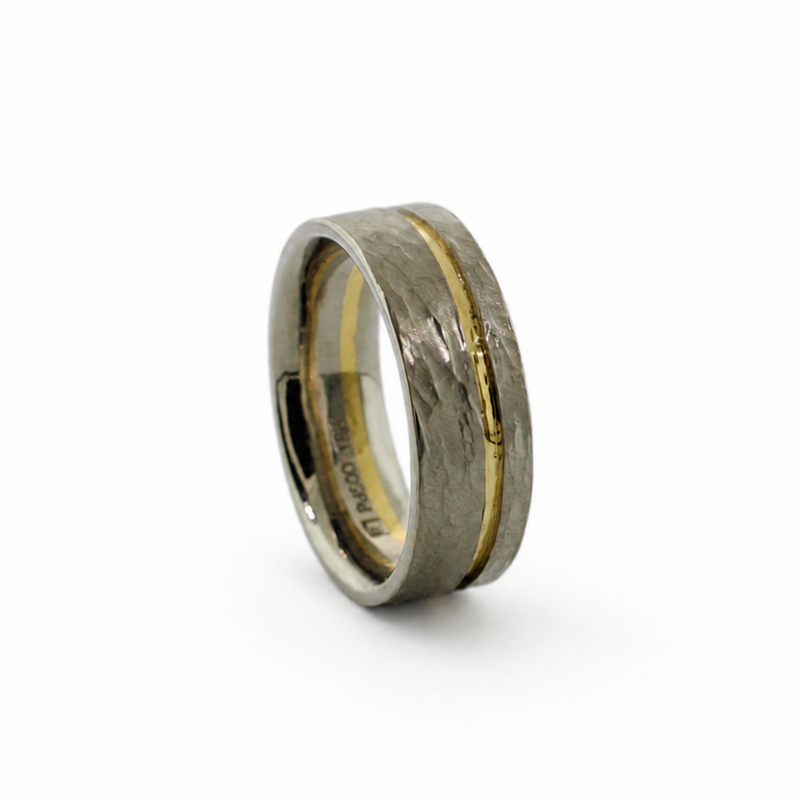 Mize Band in Palladium 500 with an off-center yellow gold stripe, hammered rustic texture, and comfort fit interior.
