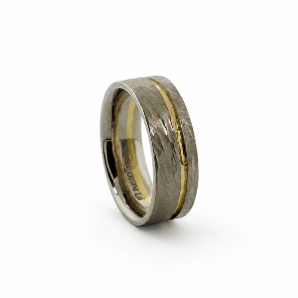 Mize Band in Palladium 500 with an off-center yellow gold stripe, hammered rustic texture, and comfort fit interior.